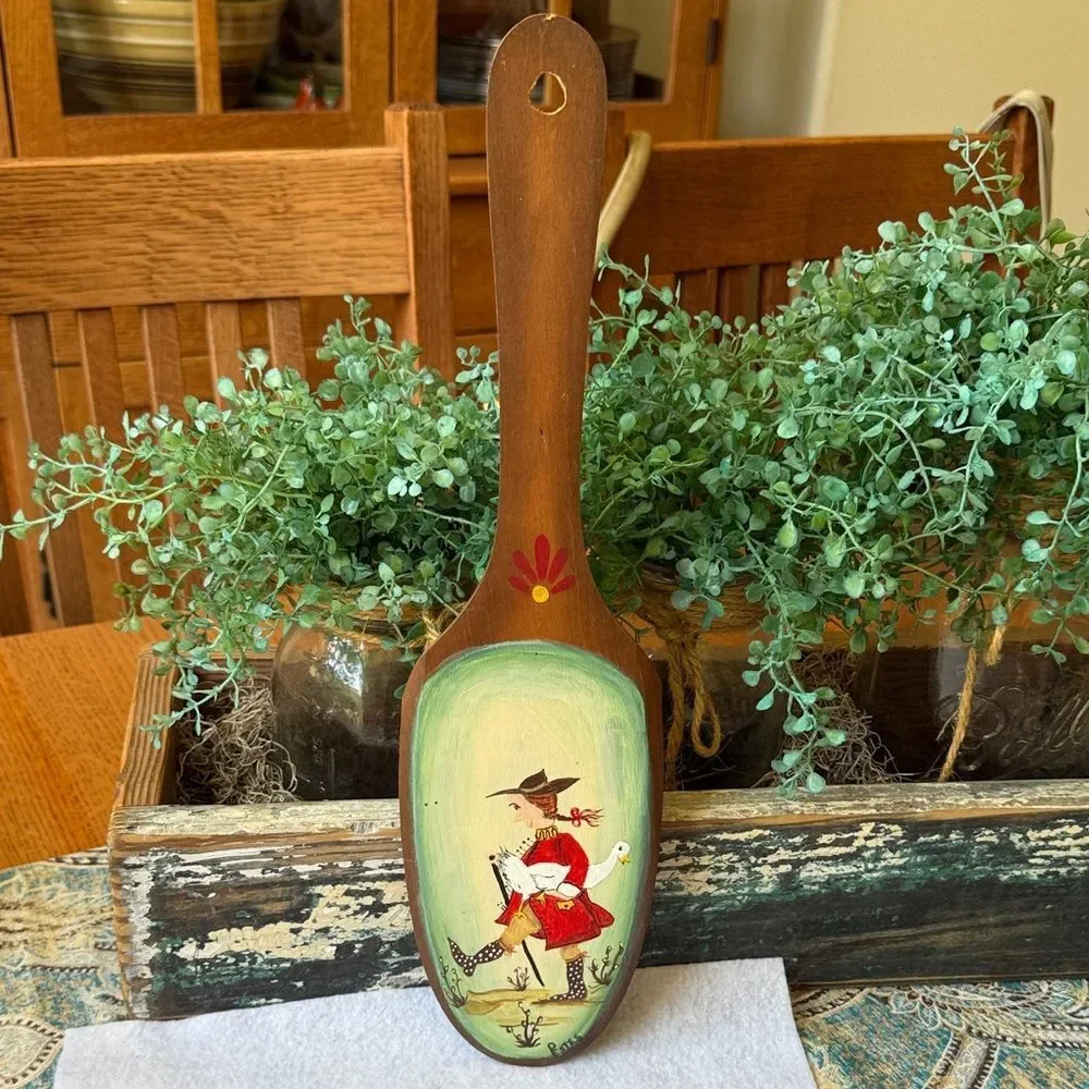 Vintage Hand-Painted Wooden Folk Art Paddle Wall Decor with Red & Green Accents